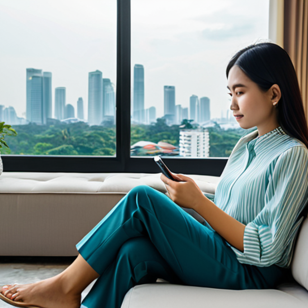 A modern Thai woman, dressed in a modest, contemporary blouse and trousers, sits comfortably on a sofa in a stylish apartment living room in Bangkok. She holds a smartphone, looking at the screen with a thoughtful, calm expression, engaging with an AI mental wellness application. The background features a blurred view of the city skyline through a large window. The atmosphere is serene and private, emphasizing digital well-being. fully clothed, appropriate attire, modest clothing, safe for work, appropriate content, professional, perfect anatomy, correct proportions, natural pose, well-formed hands, proper finger count, natural body proportions, high-quality photography, family-friendly.
