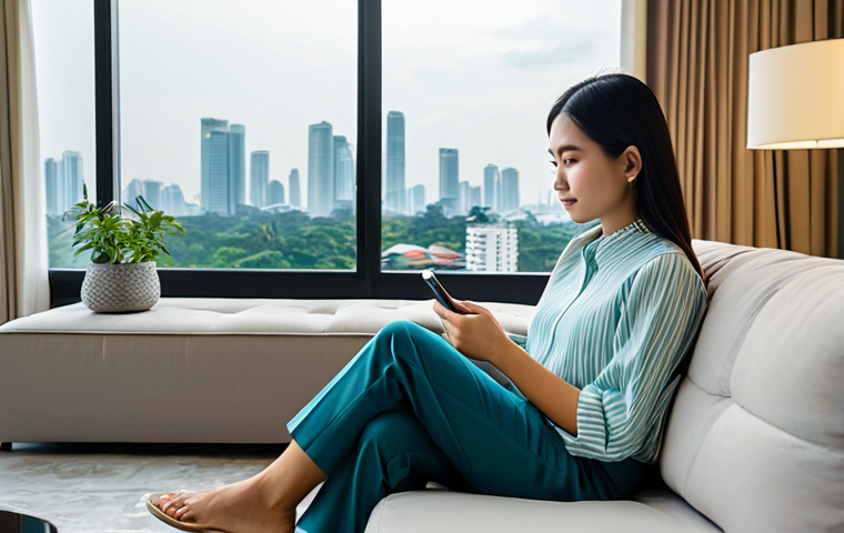 A modern Thai woman, dressed in a modest, contemporary blouse and trousers, sits comfortably on a sofa in a stylish apartment living room in Bangkok. She holds a smartphone, looking at the screen with a thoughtful, calm expression, engaging with an AI mental wellness application. The background features a blurred view of the city skyline through a large window. The atmosphere is serene and private, emphasizing digital well-being. fully clothed, appropriate attire, modest clothing, safe for work, appropriate content, professional, perfect anatomy, correct proportions, natural pose, well-formed hands, proper finger count, natural body proportions, high-quality photography, family-friendly.