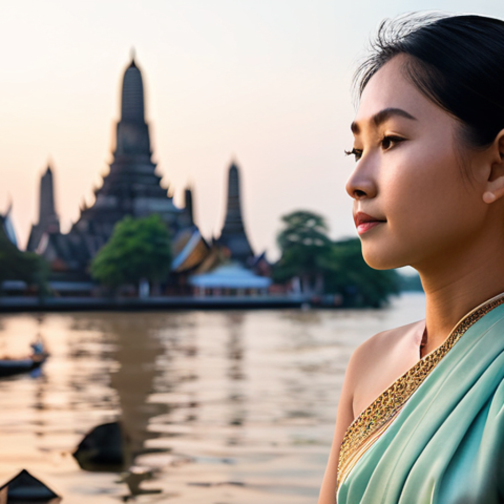 **
A serene Thai woman in her late 20s, wearing a traditional Thai silk dress (Suea Phraratchathan) in a calming pastel color, sitting in meditation at a temple overlooking the Chao Phraya River at sunset. Soft, diffused lighting. Lotus flowers floating in the foreground. Peaceful and contemplative mood.
**
