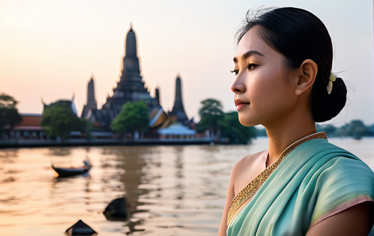 **

A serene Thai woman in her late 20s, wearing a traditional Thai silk dress (Suea Phraratchathan) in a calming pastel color, sitting in meditation at a temple overlooking the Chao Phraya River at sunset. Soft, diffused lighting. Lotus flowers floating in the foreground. Peaceful and contemplative mood.

**