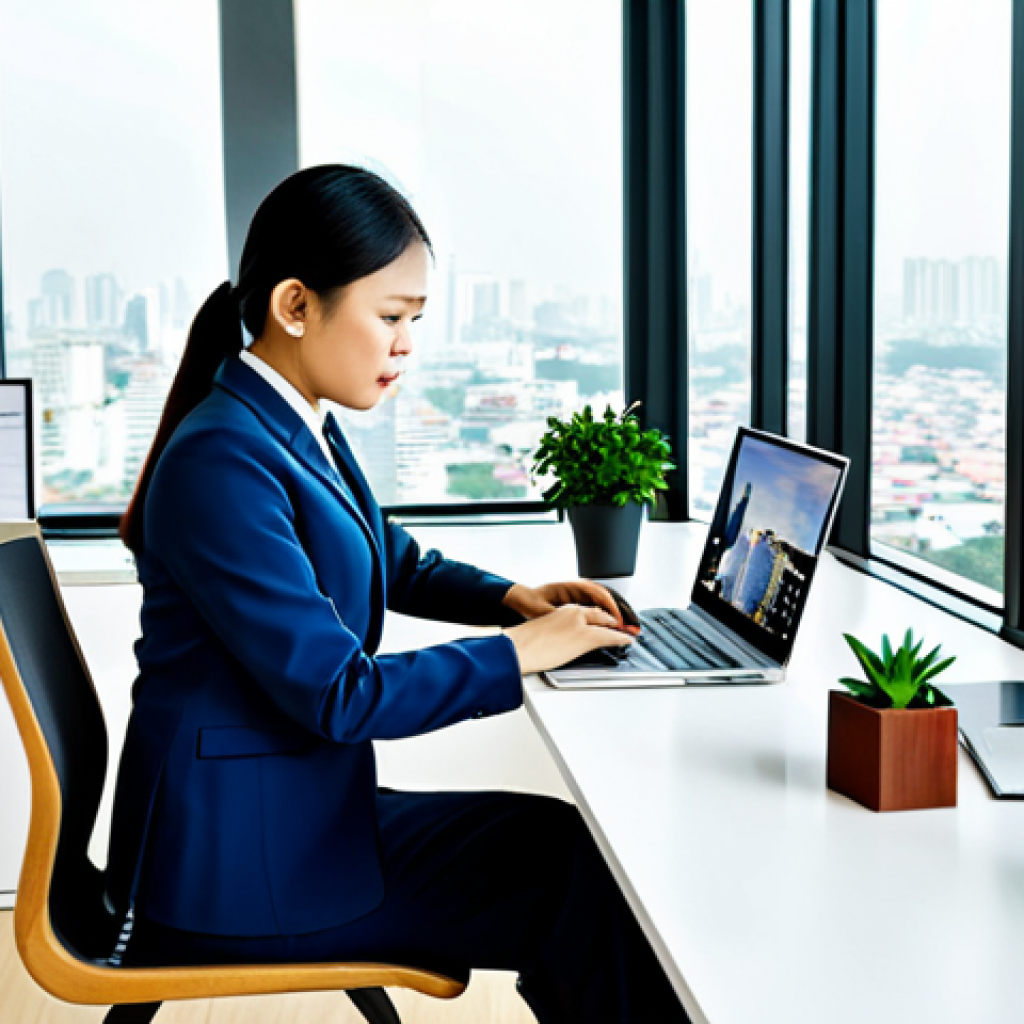 Modern Office Environment**
"A professional Thai businesswoman in a modest and stylish business suit, working on a laptop at a sleek desk in a bright, modern office overlooking Bangkok, fully clothed, appropriate attire, safe for work, perfect anatomy, natural proportions, professional photography, high quality, office plants, city view, family-friendly."
**