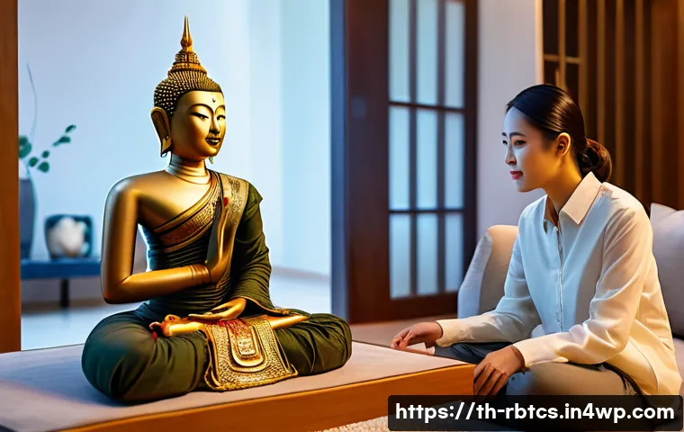 로봇 심리상담의 비전 및 목표 설정 - A friendly and empathetic humanoid robot sitting in a modern Thai living room, attentively listening...