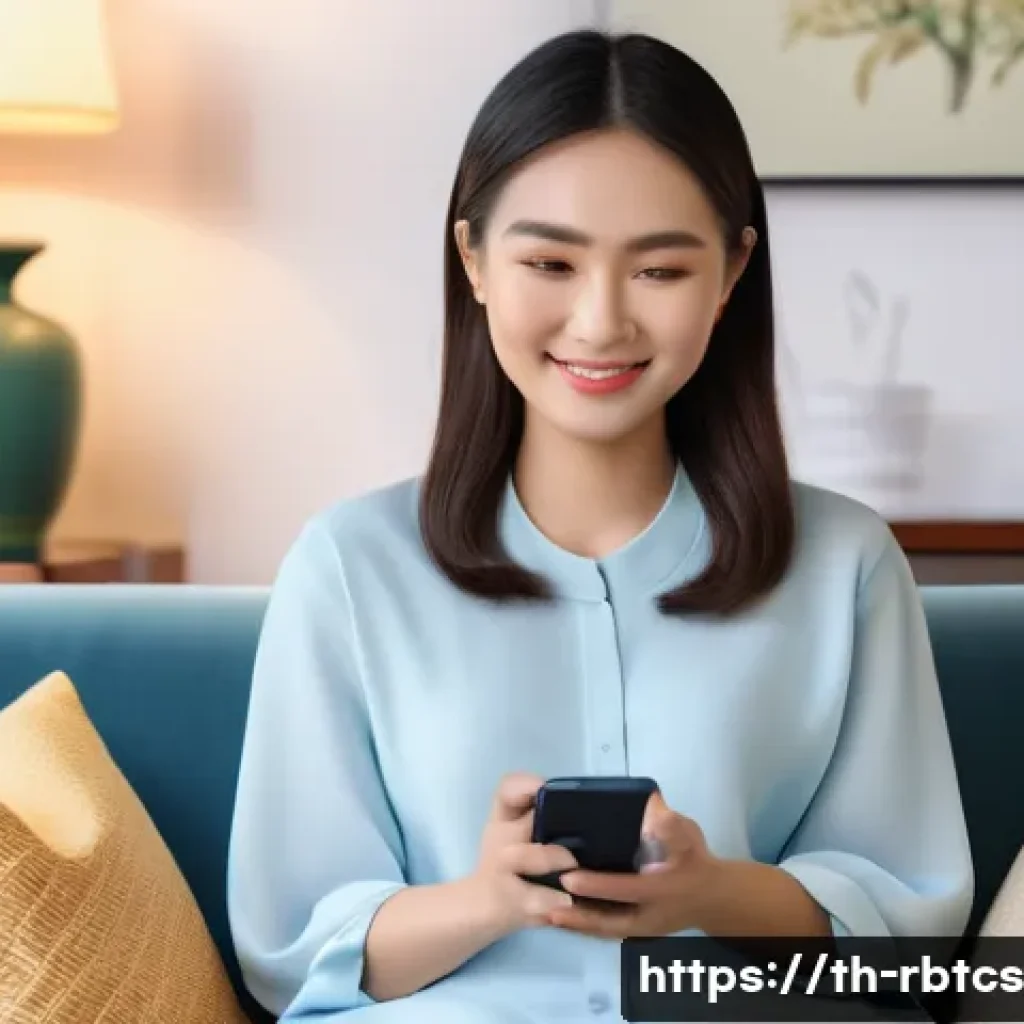 로봇 심리상담의 사용자 만족도 조사 - A modern Thai woman in casual smart attire sitting comfortably on a cozy sofa at home, holding a sma...