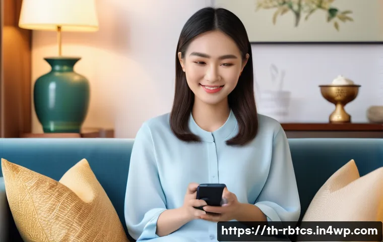 로봇 심리상담의 사용자 만족도 조사 - A modern Thai woman in casual smart attire sitting comfortably on a cozy sofa at home, holding a sma...