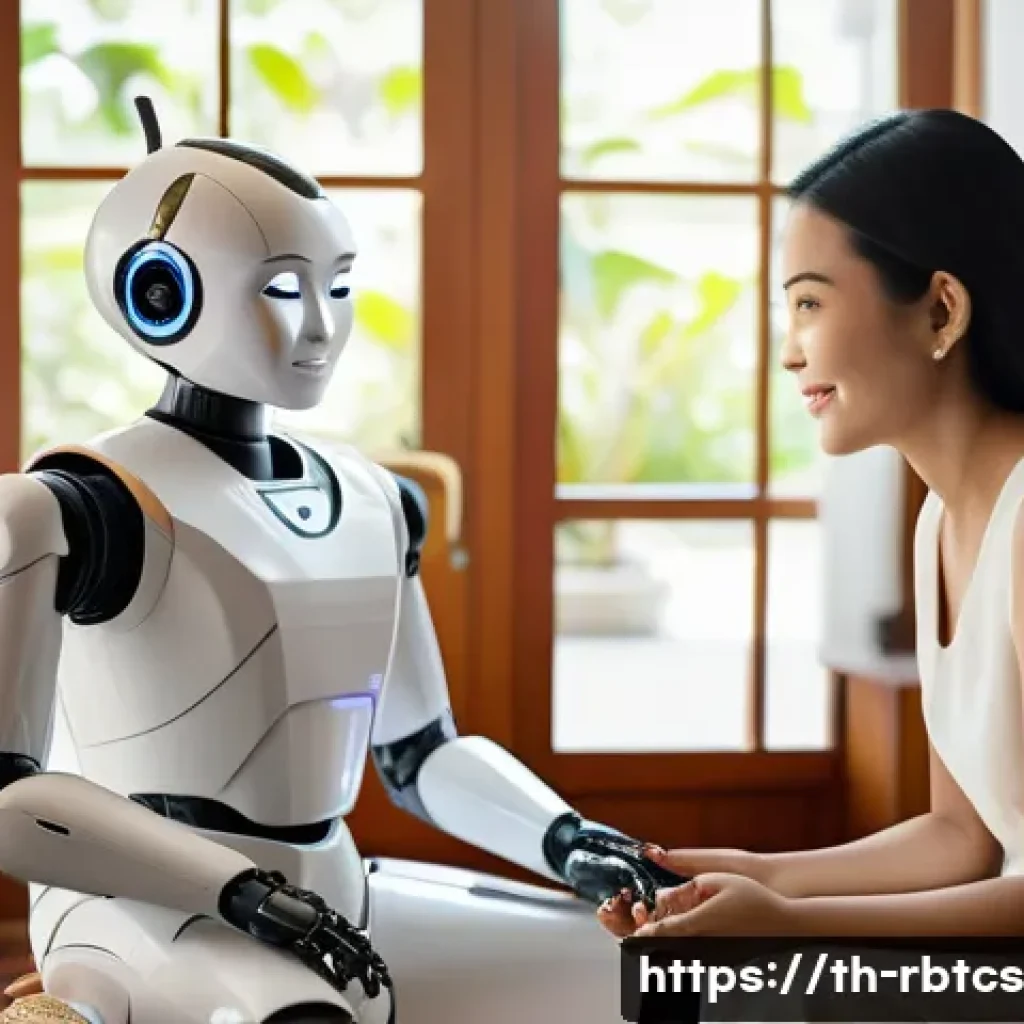 로봇 심리상담의 사용자 요구 분석 - A futuristic, friendly-looking robot sitting in a cozy Thai living room, attentively listening to a ...