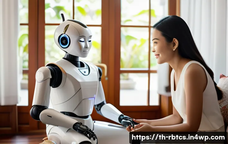 로봇 심리상담의 사용자 요구 분석 - A futuristic, friendly-looking robot sitting in a cozy Thai living room, attentively listening to a ...