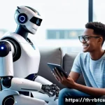 Home 21 로봇 심리상담의 협력적 접근법 - A modern therapy room featuring a friendly humanoid robot counselor interacting with a young adult c...