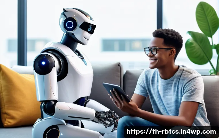 로봇 심리상담의 협력적 접근법 - A modern therapy room featuring a friendly humanoid robot counselor interacting with a young adult c...