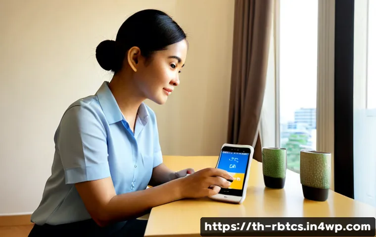 Home 29 로봇 심리상담의 사용 절차 - Photorealistic Thai woman in her early 40s calmly setting up a small friendly AI counseling robot on...