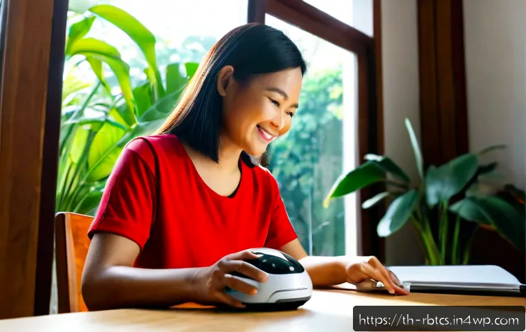 Home 29 로봇 심리상담의 사용자 친화성 - Photorealistic scene of a Thai middle-aged woman comfortably using a friendly tabletop mental wellne...